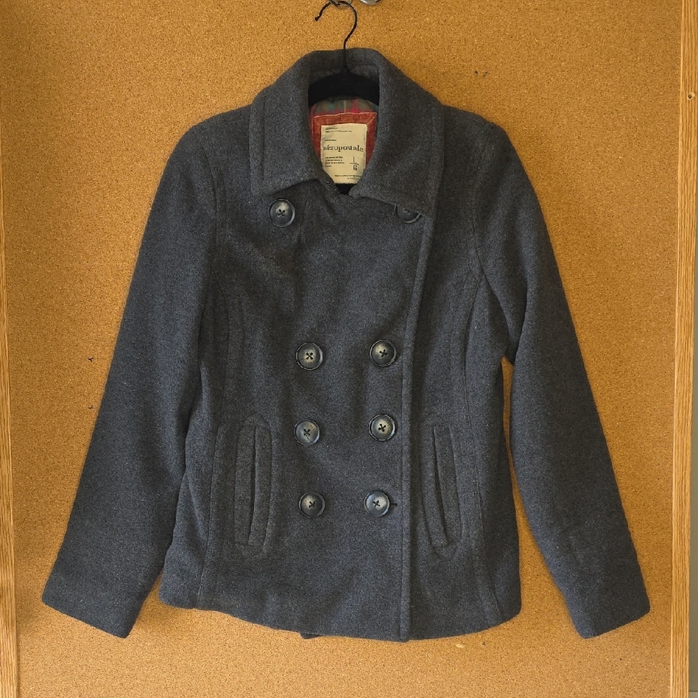 Aeropostale Women's 90's Y2K Charcoal Wool Blend Pea Coat Size L